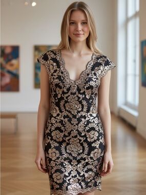 LIKE NEW!!! Tadashi Shoji Black and Gold Lace V-Neck Mini Dress